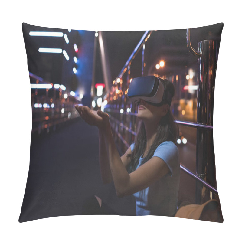 Personality  Young Woman In Virtual Reality Headset Sitting On Street With Night City On Background Pillow Covers