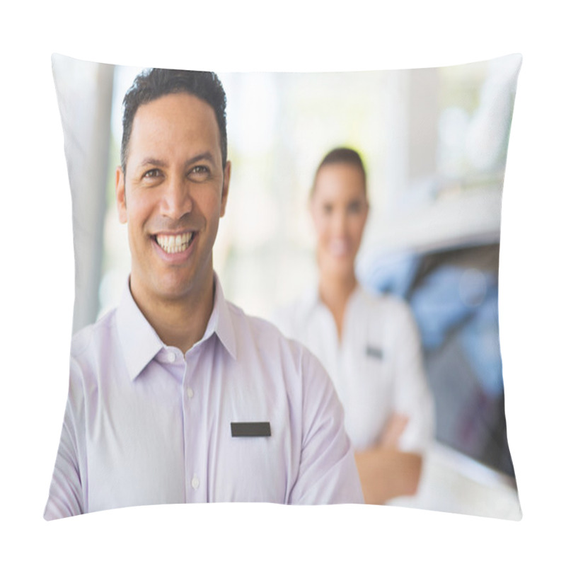 Personality  Car Salesman Standing In Front Of Colleague Pillow Covers