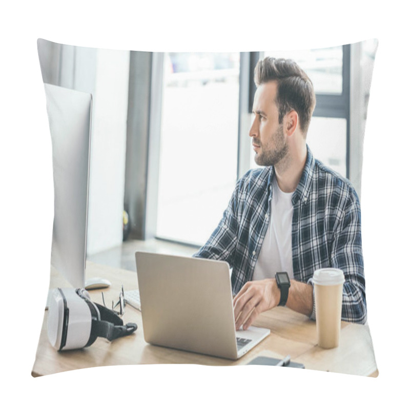 Personality  Handsome Young Programmer Using Laptop And Desktop Computer At Workplace Pillow Covers