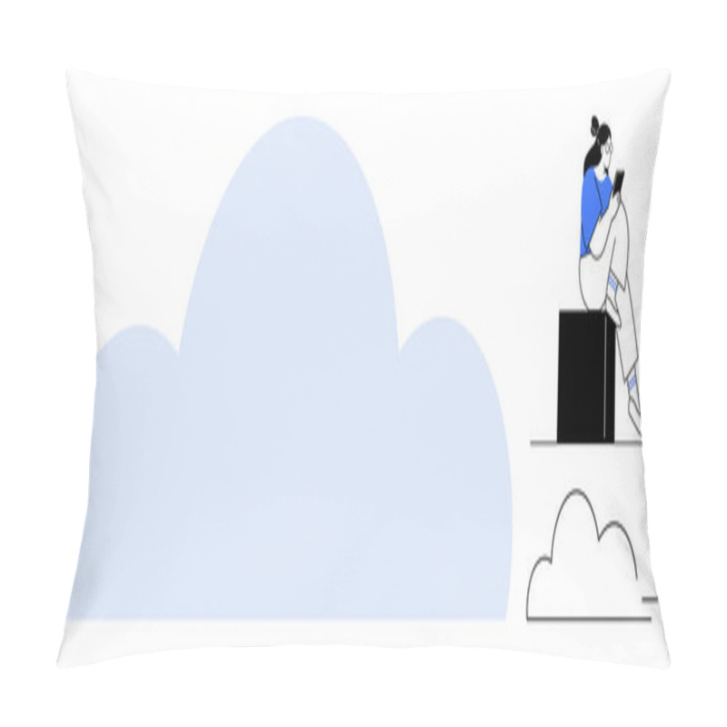 Personality  Woman Sitting On A Black Cube, Engaging With Her Smartphone, With A Large Blue Cloud Surrounding Her. Ideal For Technology, Cloud Computing, Mobile Usage, Communication, Digital Life, Work From Home Pillow Covers