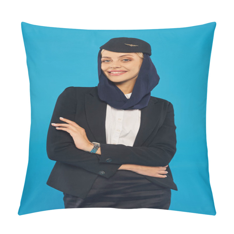 Personality  Charming Stewardess Of Arabian Airlines In Uniform With Headscarf Posing With Folded Arms On Blue Pillow Covers