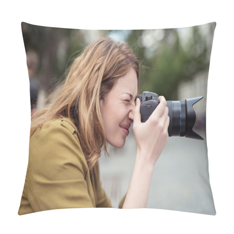 Personality  Teen Girl Photographer Shooting With DSLR Camera Pillow Covers