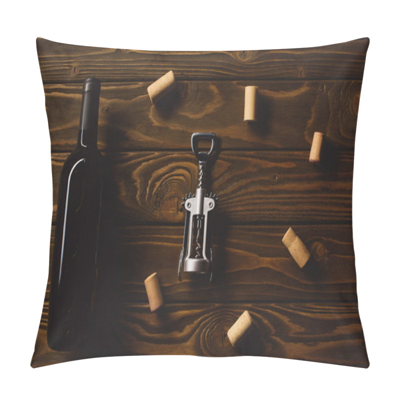 Personality  Top View Of Bottle Of Luxury Red Wine With Corkscrew Surrounded With Corks On Wooden Table Pillow Covers