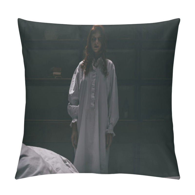 Personality  Obsessed Woman In Nightgown Standing Near Bed In Dark Room Pillow Covers