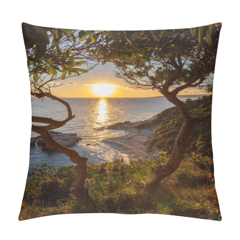 Personality  Hidden Bay In Sunrise. Looked At The Small Sand, Pebble, Beach In Warm Colors And The Morning Light. View Of The Sea At Xigia Sulfur Beaches, Ionian Islands, Greece Pillow Covers