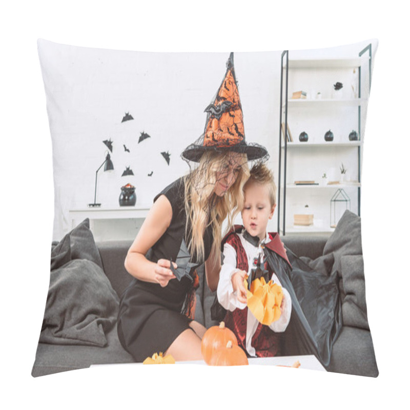 Personality  Mother And Little Son In Halloween Costumes With Black Paper Bats On Sofa At Home Pillow Covers