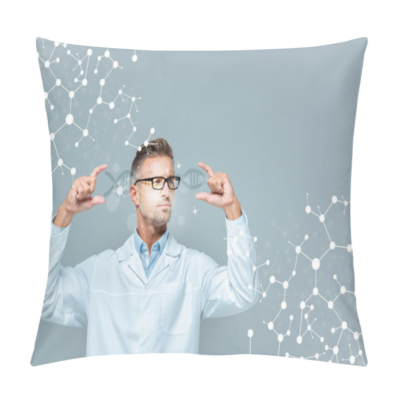 Personality  Handsome Scientist In Glasses Holding Dna Interface Isolated On Grey, Artificial Intelligence Concept Pillow Covers