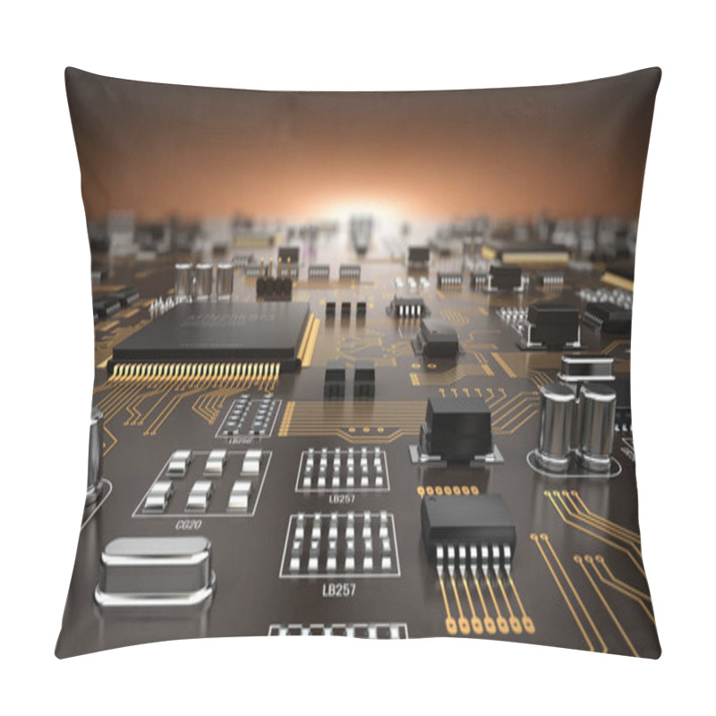 Personality  High Tech Electronic PCB (Printed Circuit Board) With Processor And Microchips. 3d Illustration Pillow Covers