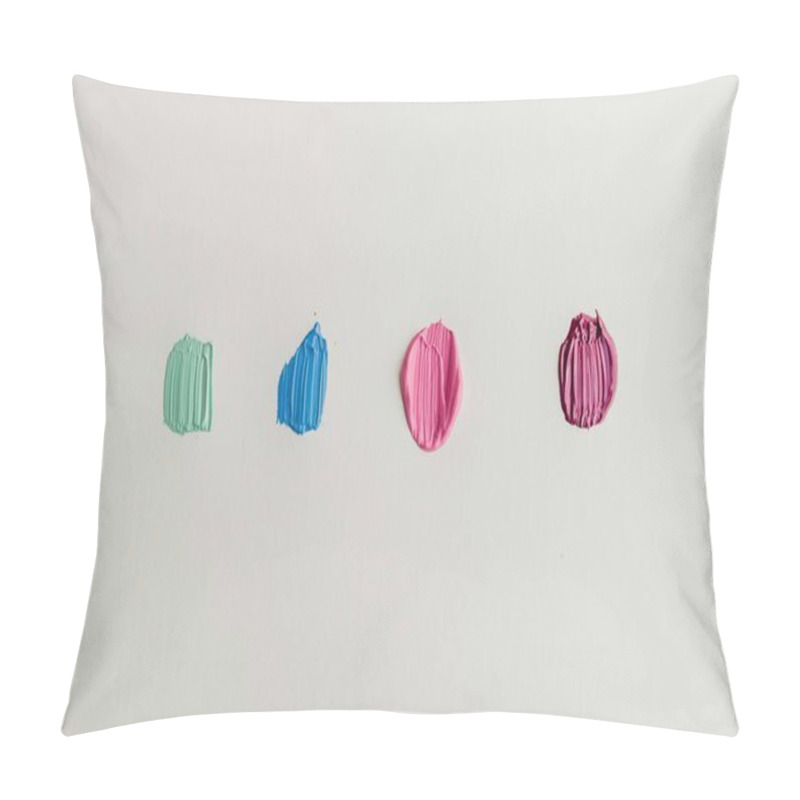 Personality  Four Vibrant Paint Blobs In Green, Blue, And Pink On A White Canvas. Pillow Covers