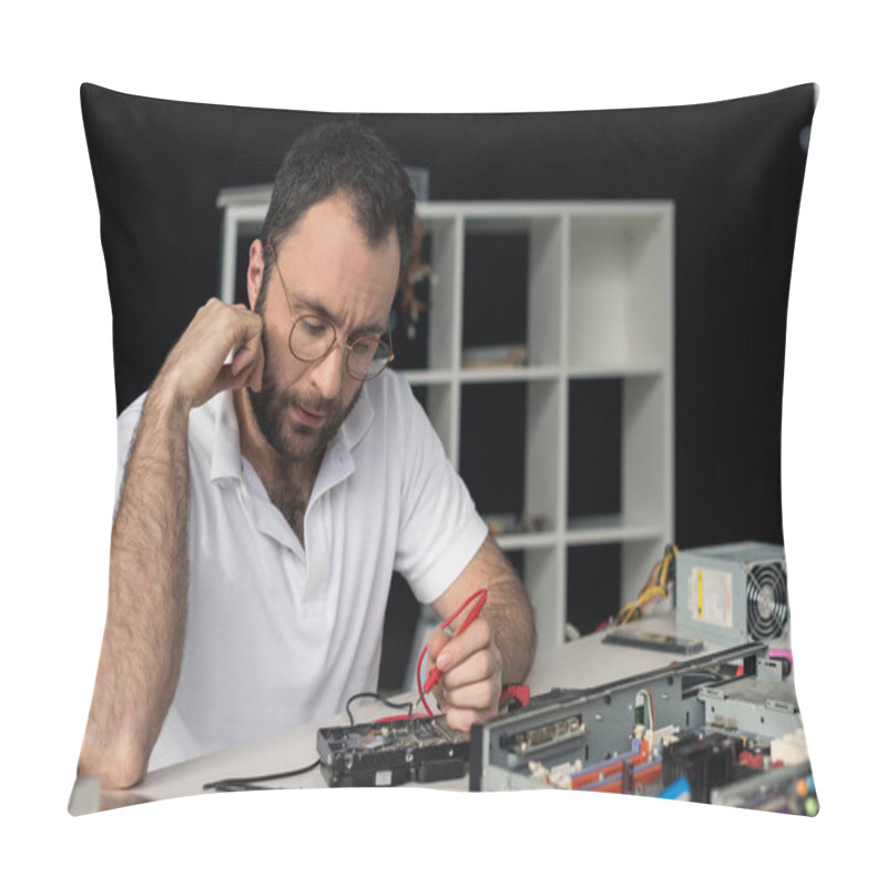 Personality  Repairman With Hand On Cheek Using Multimeter While Testing Hard Disk Drive   Pillow Covers