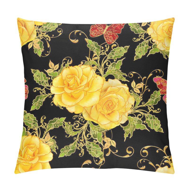 Personality  Seamless Pattern. Vertical Border. Golden Textured Curls. Brilliant Lace, Stylized Flowers, Yellow Rose. Openwork Weaving Delicate, Golden Background, Paisley, Jeweler's Butterfly. Pillow Covers