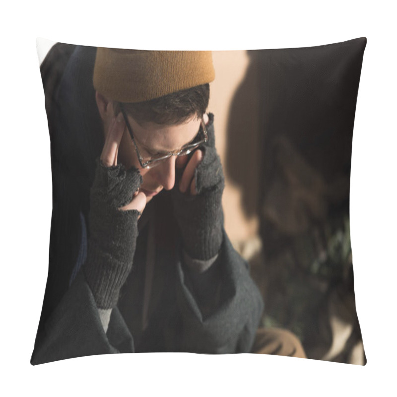 Personality  Homeless Man In Glasses And Fingerless Gloves Holding Head In Hands Pillow Covers