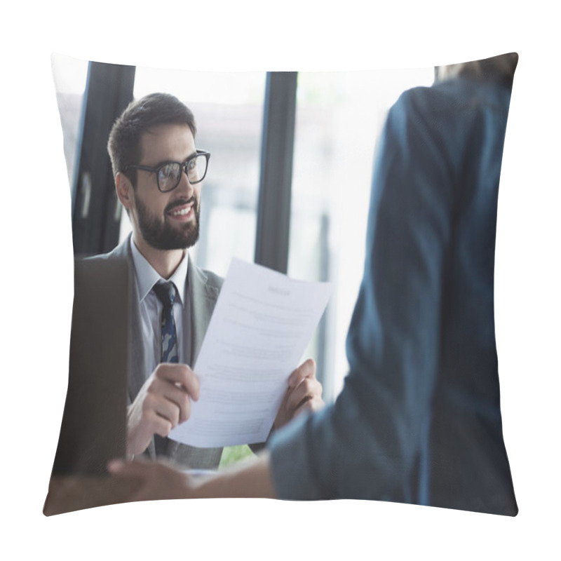 Personality  Smiling Manager In Suit Holding Resume Near Blurred Job Seeker And Laptop In Office  Pillow Covers