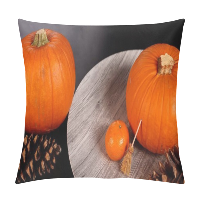 Personality  Pumpkins, Broom, Orange, Pinecones Evoke Indoor Halloween Festive Setting. Rustic Fall Elements Embrace Warm Seasonal Spirit, Capturing Natural Colors, Cozy Decor, Ideal For Autumn Gatherings. Pillow Covers