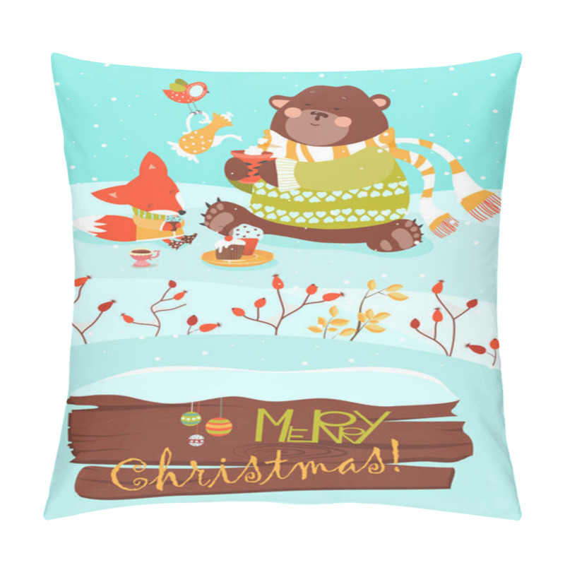 Personality  Cute Bear And Little Fox Celebrating Christmas Pillow Covers