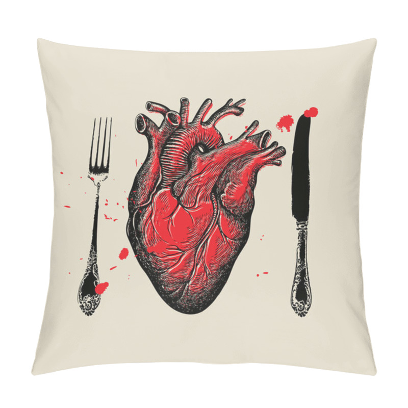 Personality  Vector Banner With A Red Human Heart, Drops Of Blood And Old Cutlery On A Beige Vintage Background. Dinner Of A Maniac Cannibal. Abstract Banner With A Detailed Drawing Of A Human Internal Organ Pillow Covers