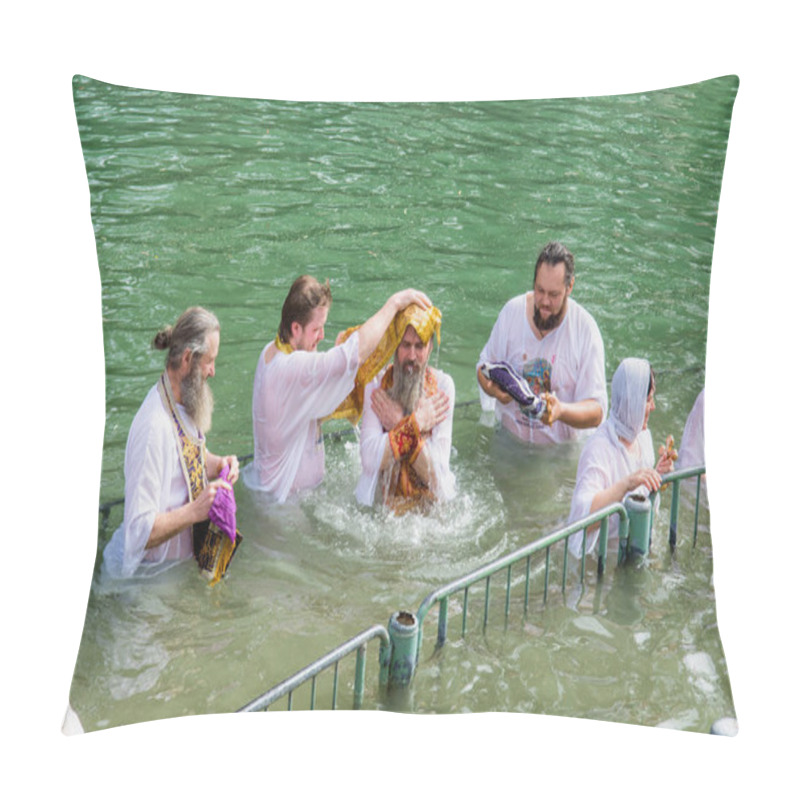 Personality  .Israel / Jordan River - 03.26.2016: Christian Pilgrims During The Baptism Ceremony On The Jordan River In Northern Israel (the Baptism Site Of Yardenit). Pillow Covers