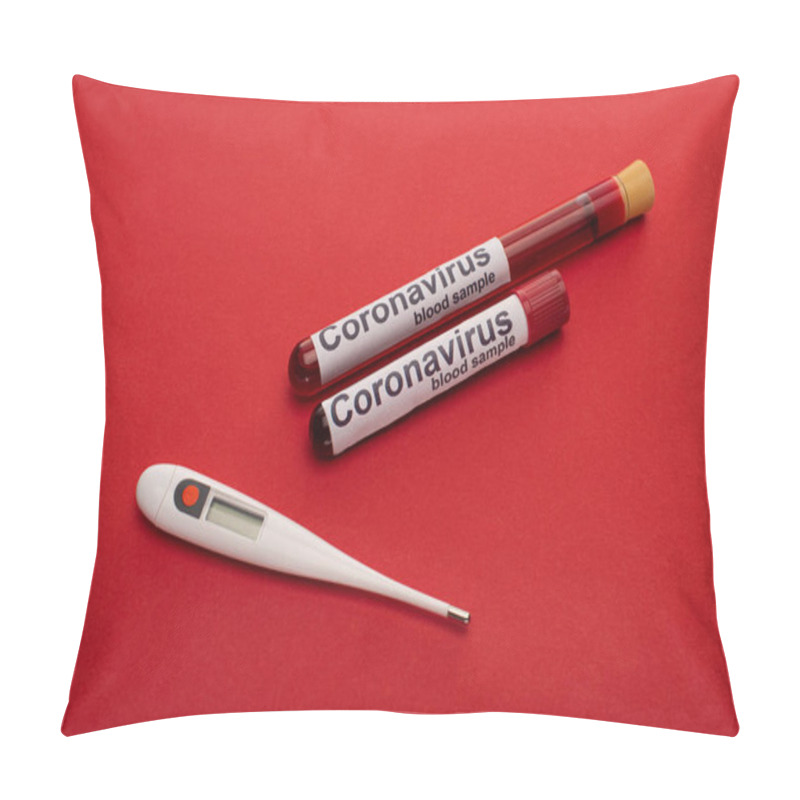 Personality  Close Up View Of Thermometer, Test Tubes With Blood Samples And Coronavirus Lettering On Red Background Pillow Covers