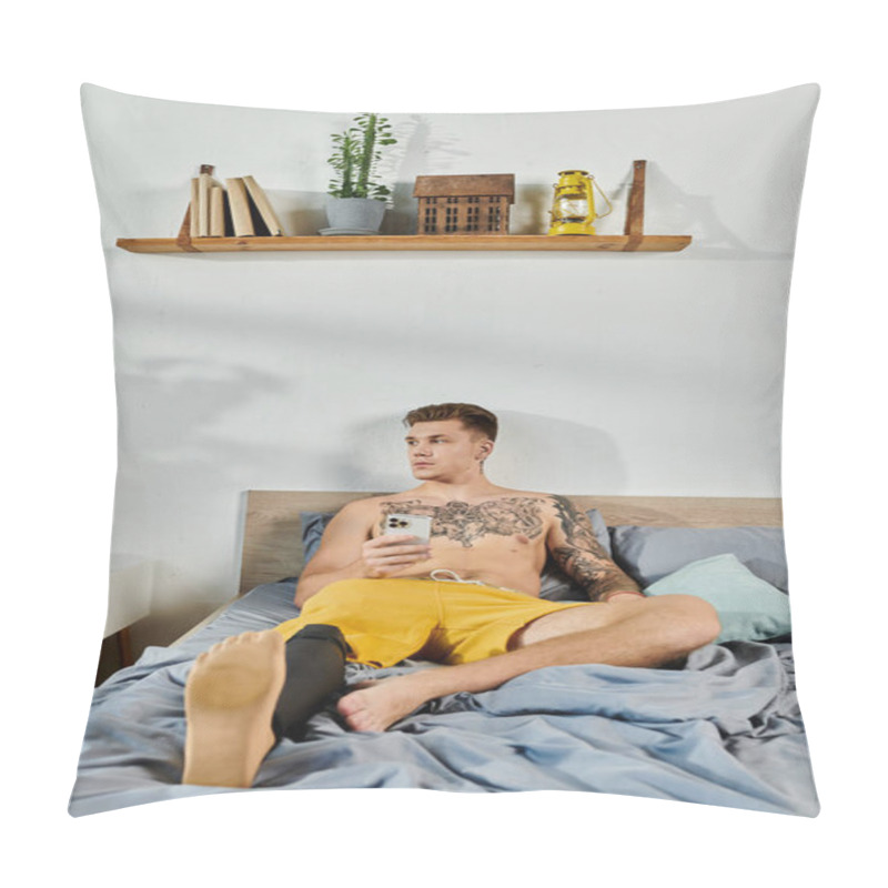 Personality  A Young Man Lounges Comfortably On A Bed, Engaging With His Smartphone In A Modern Living Space. Pillow Covers