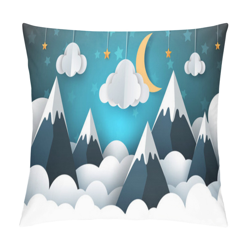 Personality  Mountain Landscape Paper Illustration. Cloud, Star, Moon, Sky. Pillow Covers