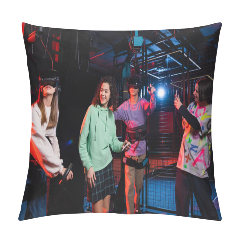 Personality  Teenage Boy Taking Photo Of Cheerful Interracial Friends In Vr Game Zone Pillow Covers