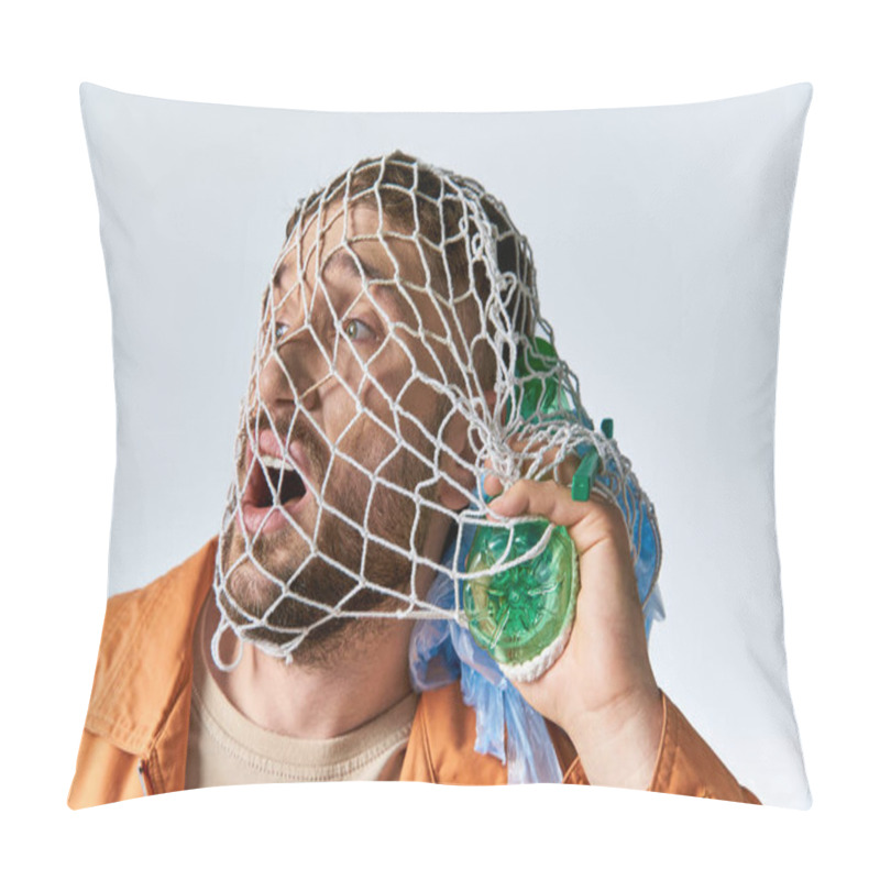 Personality  A Man Struggles With Plastic Waste, His Face Covered In A Net. Pillow Covers