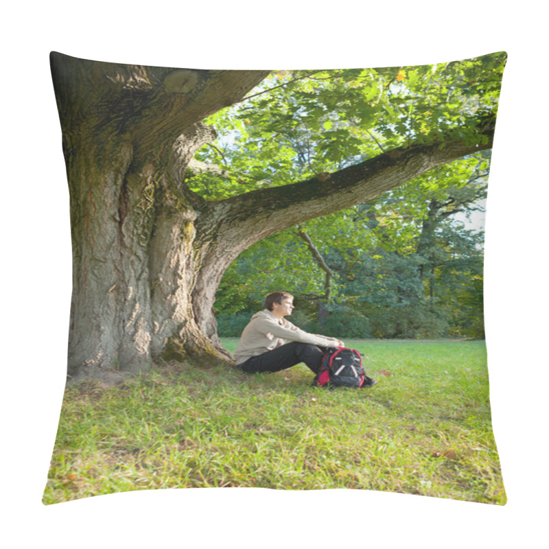 Personality  Man Is Sitting Resting Under A Large Old Oak Tree Pillow Covers