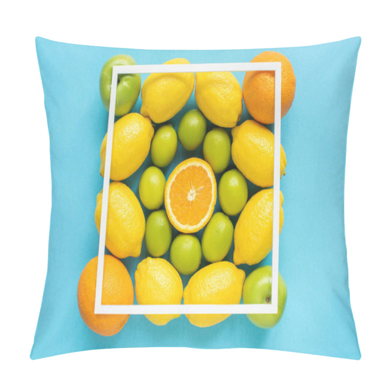 Personality  Top View Of Fresh Fruits And Square Frame On Blue Background Pillow Covers