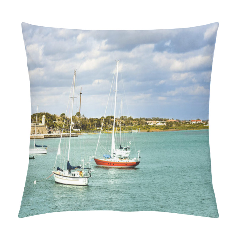 Personality  St. Augustine, Florida. January 26 , 2019. Sailboats On Light Green Sea And Partial View Of Castillo De San Marcos Fort In Florida's Historic Coast Pillow Covers