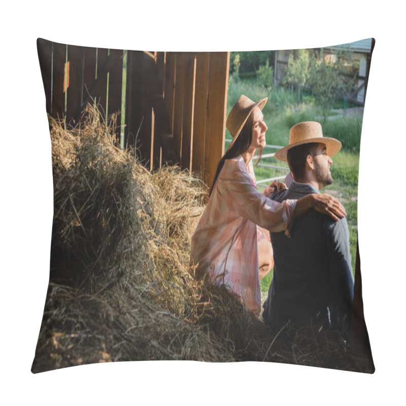 Personality  Happy Woman In Straw Hat Hugging Shoulders Of Husband While Sitting On Haystack In Barn Pillow Covers