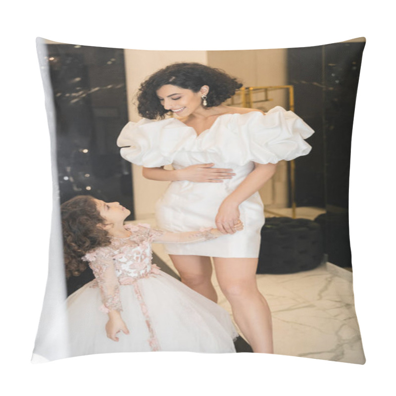 Personality  Happy And Cute Middle Eastern Little Girl In Floral Attire Looking At Bride With Wavy Hair Standing In Trendy Wedding Dress With Puff Sleeves And Ruffles In Bridal Boutique, Mother And Daughter  Pillow Covers