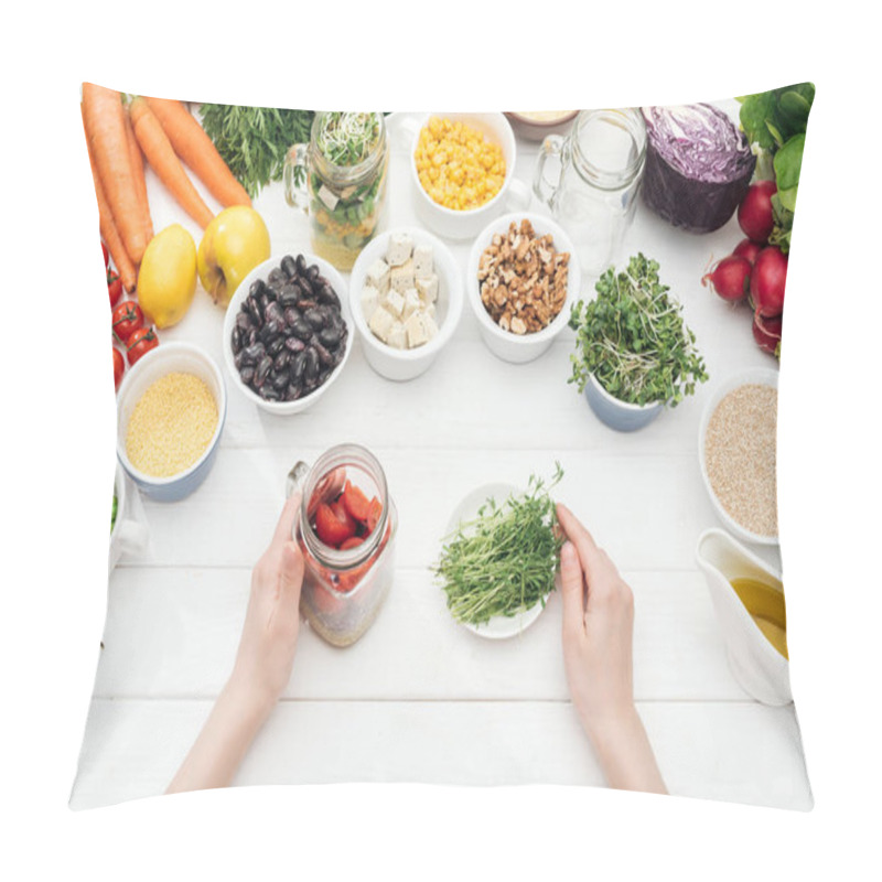 Personality  Cropped View Of Woman Holding Glass Jar With Salad And Plate With Herbs On Wooden White Table Pillow Covers