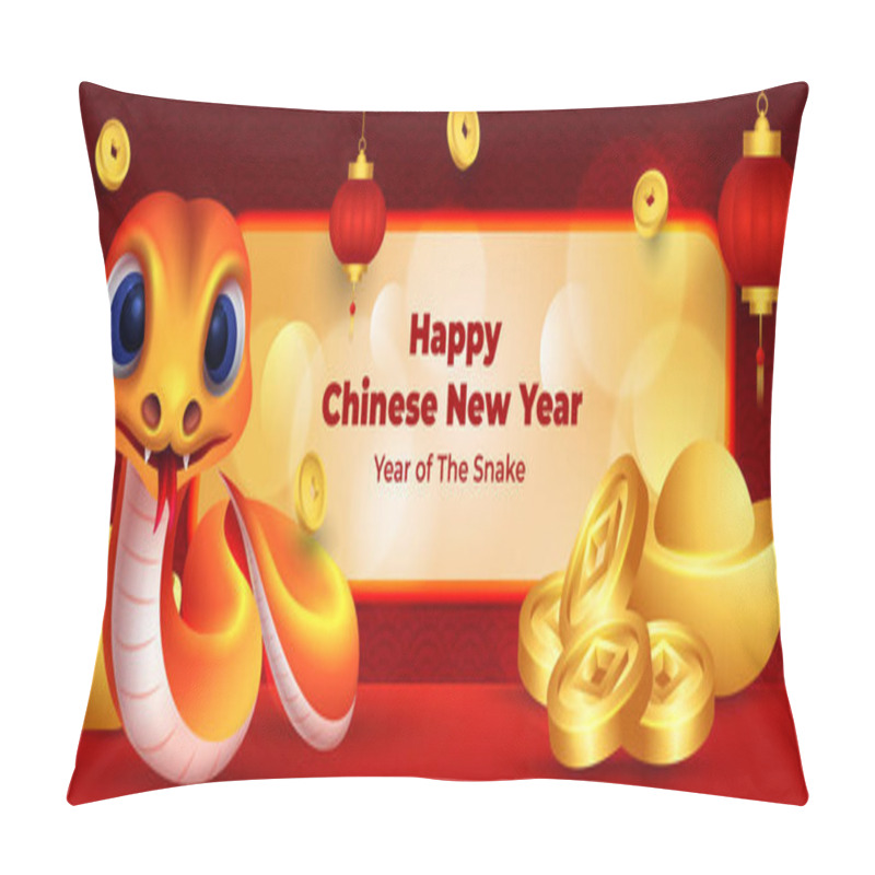 Personality  Chinese New Year Of The Snake Banner With Cute Snake Character, Gold Ingot And Coins Pillow Covers