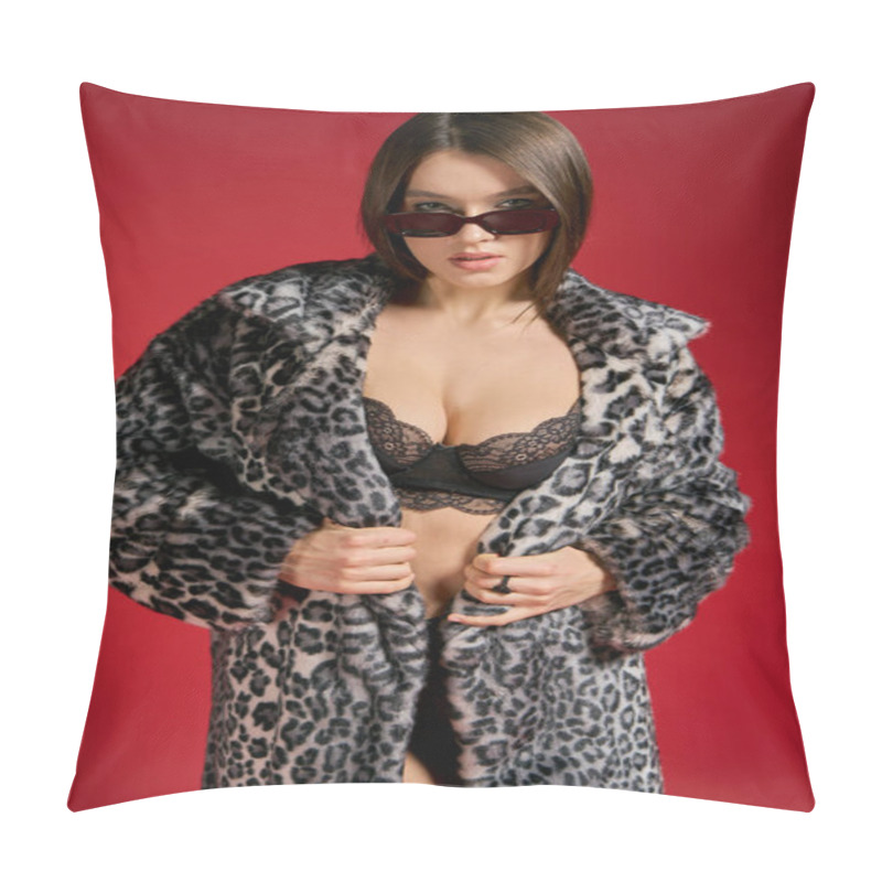 Personality  A Young Woman Exudes Allure In A Leopard Print Coat And Lingerie. Pillow Covers