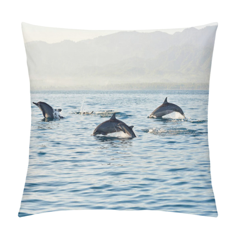 Personality  Pacific Dolphins. Morning Swimming On Tropical Waters Near Lovina Beach In Bali, As A Dolphin Family Enjoys In The Morning Pillow Covers