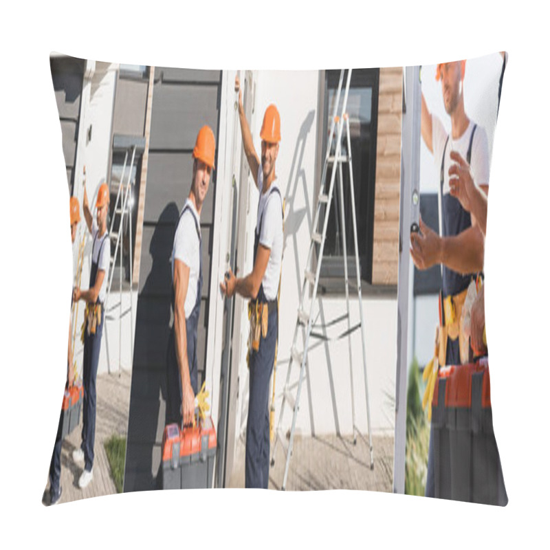 Personality  Collage Of Builders With Tools Using Spirit Level On Facade Of House   Pillow Covers