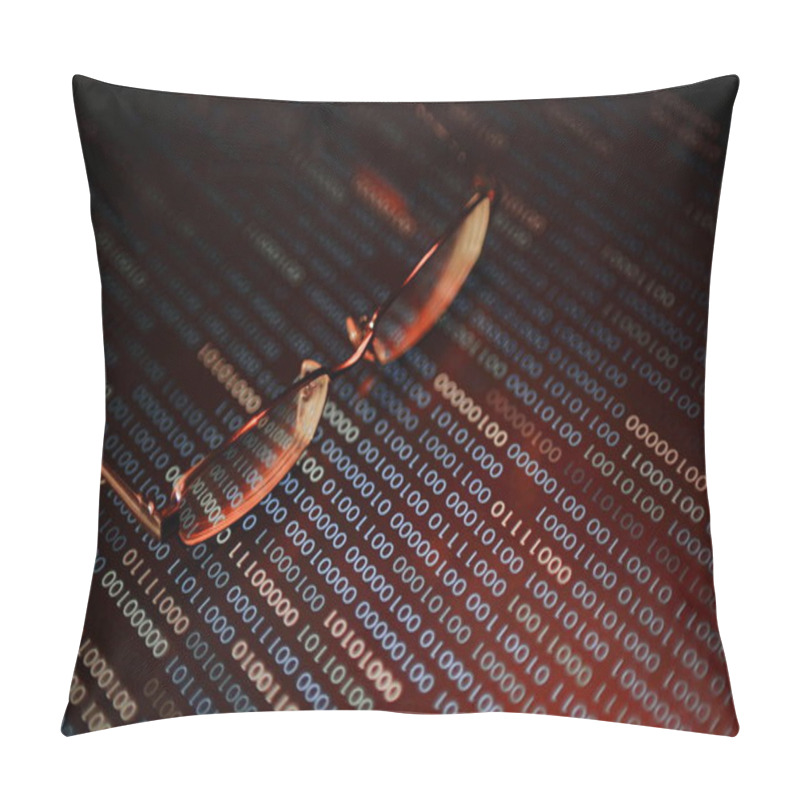 Personality  Computer Hacker. Red Dangerous Code Breach Into Red Binary Code With Glasses Place Over Led Panel. Virus, Cyber Threat And Computer Internet System Failure Concepts. Pillow Covers