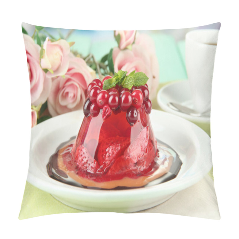 Personality  Tasty Jelly Dessert With Fresh Berries, On Bright Background Pillow Covers