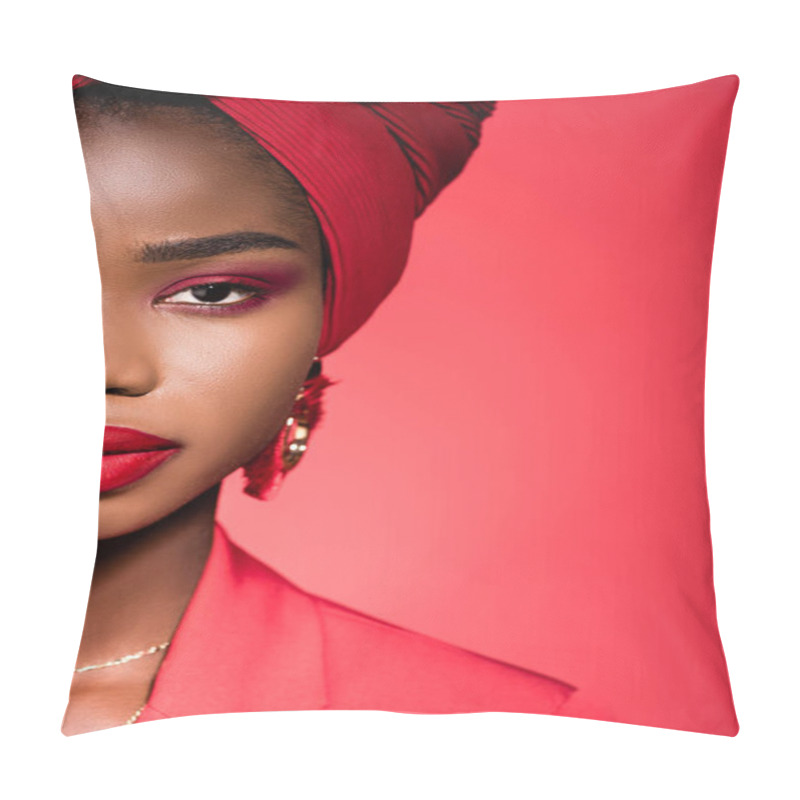 Personality  Cropped View Of African American Young Woman In Stylish Outfit And Turban Isolated On Red Pillow Covers