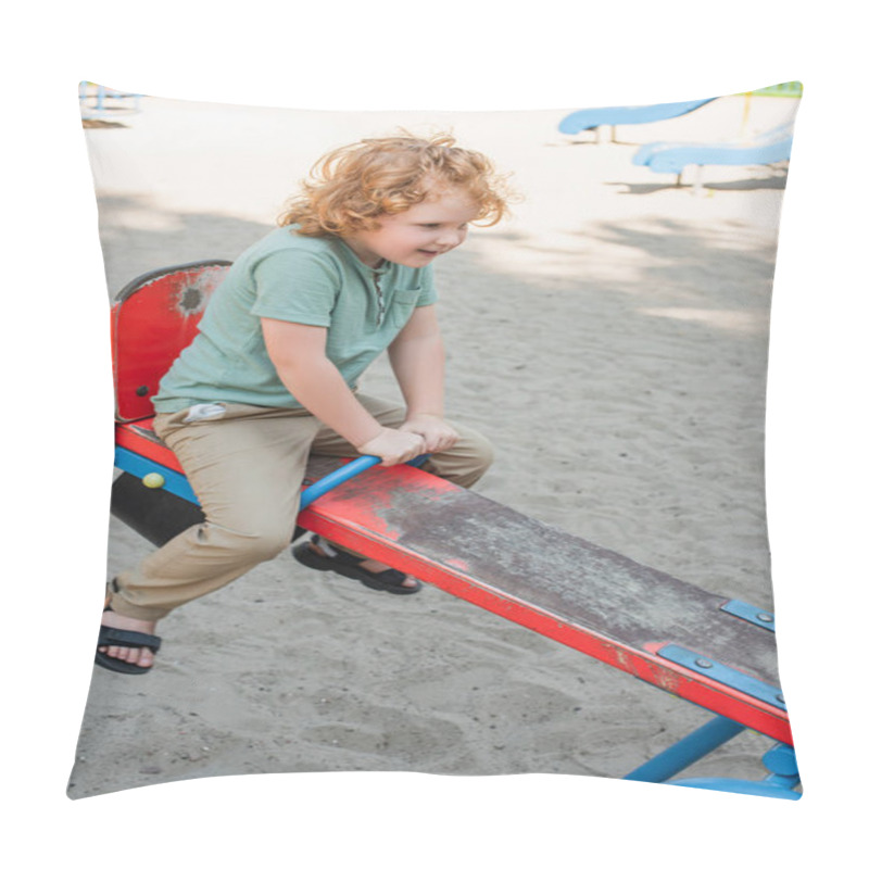 Personality  Full Length View Of Happy Redhead Boy Riding Seesaw In Amusement Park Pillow Covers