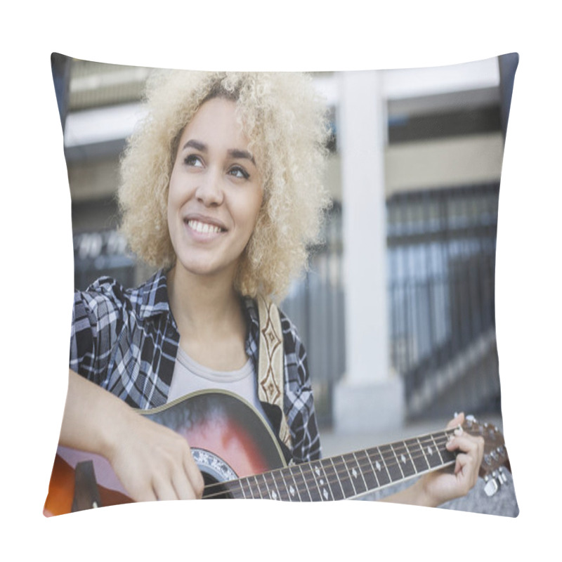 Personality  Happy African-American Girl Playing The Guitar The Street Pillow Covers