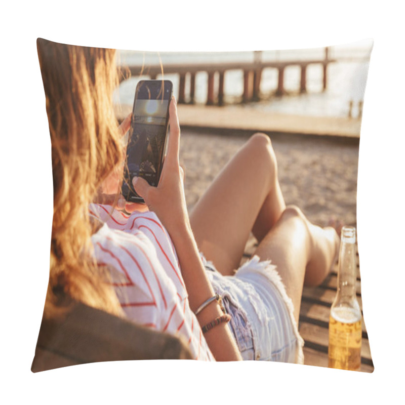 Personality  Side View Of A Young Girl In Summer Clothes Taking A Picture Of A Sunset While Relaxing At The Beach Pillow Covers