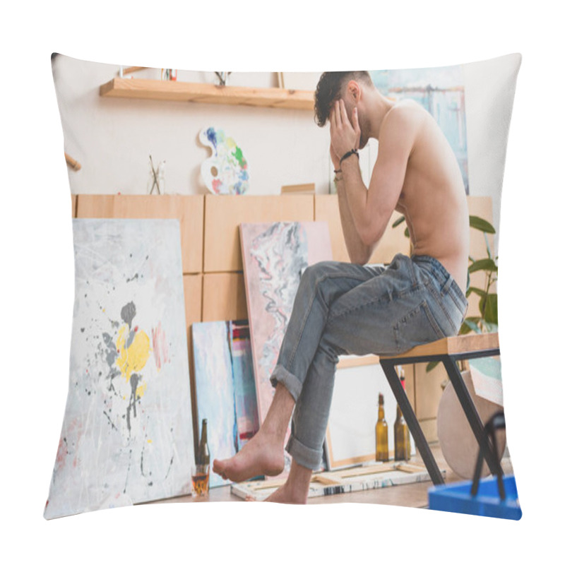 Personality  Exhausted Artist Sitting On Chair In Painting Studio And Holding Hands On Head Pillow Covers