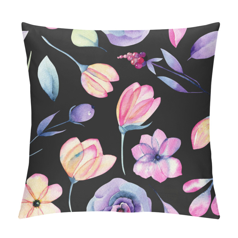 Personality  Watercolor Pastel Apple Blossom Flowers And Plants Seamless Pattern, Hand Painted On A Dark Background Pillow Covers