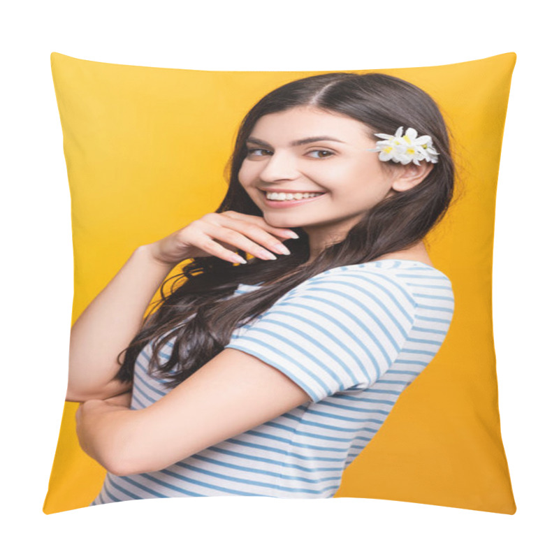 Personality  Brunette Young Woman With Flowers In Hair Smiling Isolated On Yellow Pillow Covers