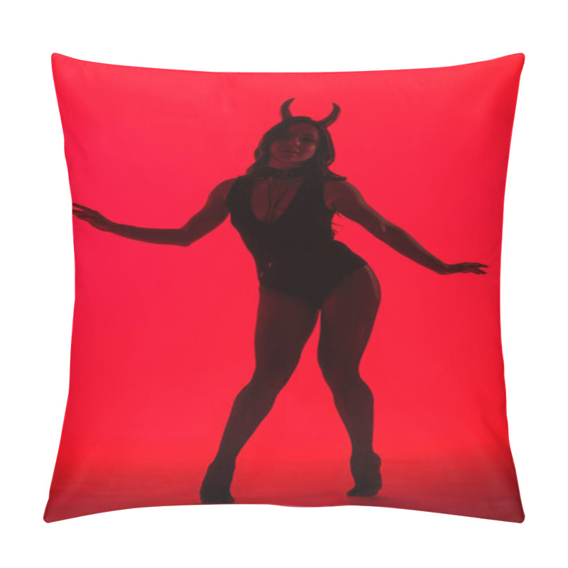 Personality  Silhouette Of Attractive Sexy Woman In Devil Costume, Isolated On Red Pillow Covers