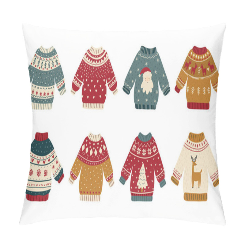 Personality  Collection Of Ugly Christmas Sweaters Or Jumpers Isolated On Light Background. Bundle Of Knitted Woolen Winter Clothing With Various Prints. Colorful Vector Illustration In Flat Cartoon Style. Pillow Covers