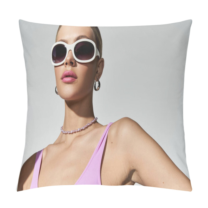 Personality  A Stylish Woman With Blonde Hair In A Purple Swimsuit Holds A Volleyball. Pillow Covers