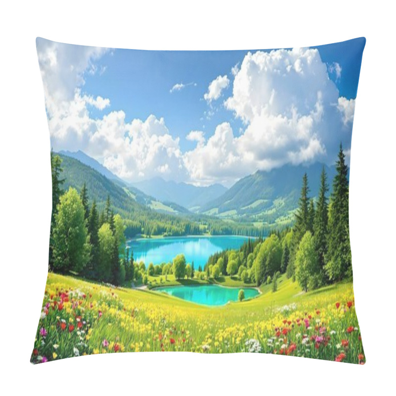 Personality  A Breathtaking Sunset Over A Lush Alpine Valley Filled With Vibrant Wildflowers, Surrounded By Evergreen Forests And Majestic Snow-capped Peaks. Pillow Covers