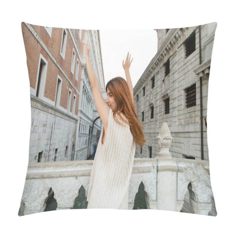 Personality  Cheerful Woman With Raised Hands Standing On Bridge Near Medieval Prison In Venice Pillow Covers